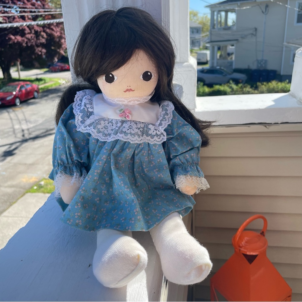 Rag Doll in Calico Dress with Dark Hair